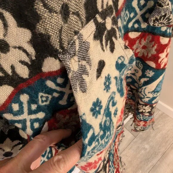 Elephant Print Woven Hooded Boho Poncho | Festival Artwear Fringe Beach Layer - Picture 4 of 14